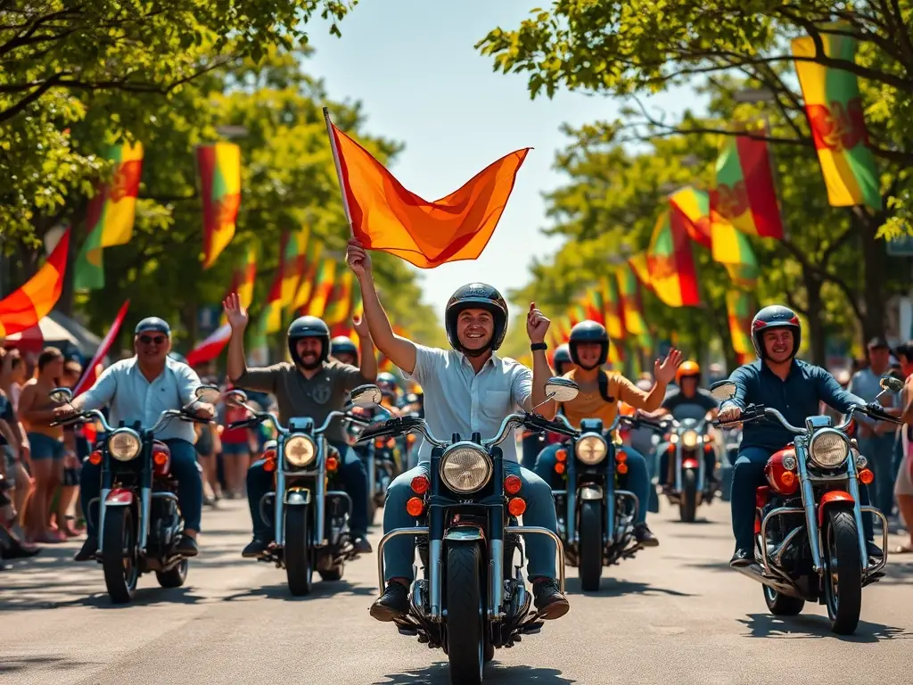 A lively scene of members participating in a charity motorcycle ride with banners and cheering crowds, highlighting the club's community involvement.