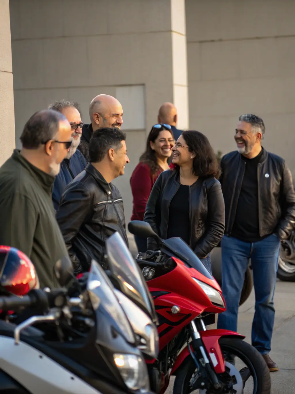 A diverse group of Nantouillet Motorcycle Club members gathered at a club social event, highlighting the inclusive and welcoming atmosphere of the organization.