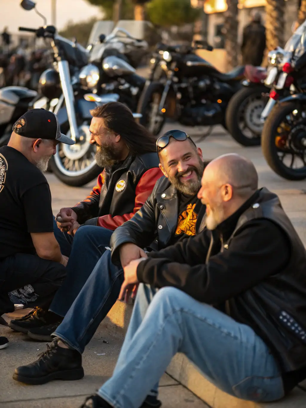 A photo of Nantouillet Motorcycle Club members gathered at a social event, enjoying food, drinks, and conversation, highlighting the social aspect of the club.