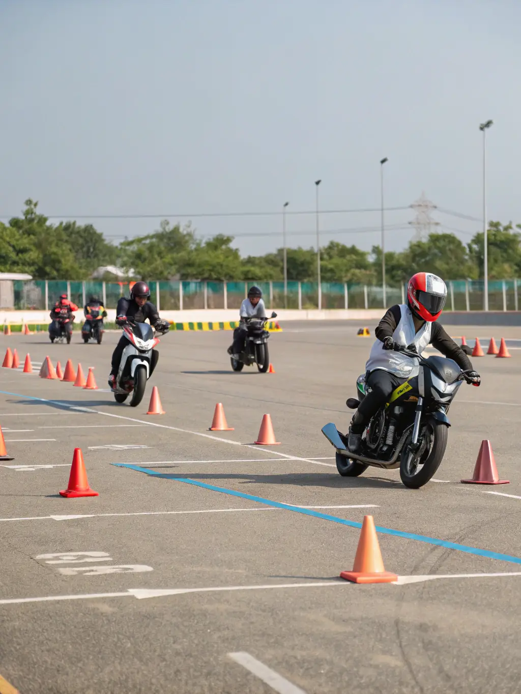 A Nantouillet Motorcycle Club instructor demonstrating safe riding techniques to a group of members during a safety workshop, emphasizing the importance of road safety.