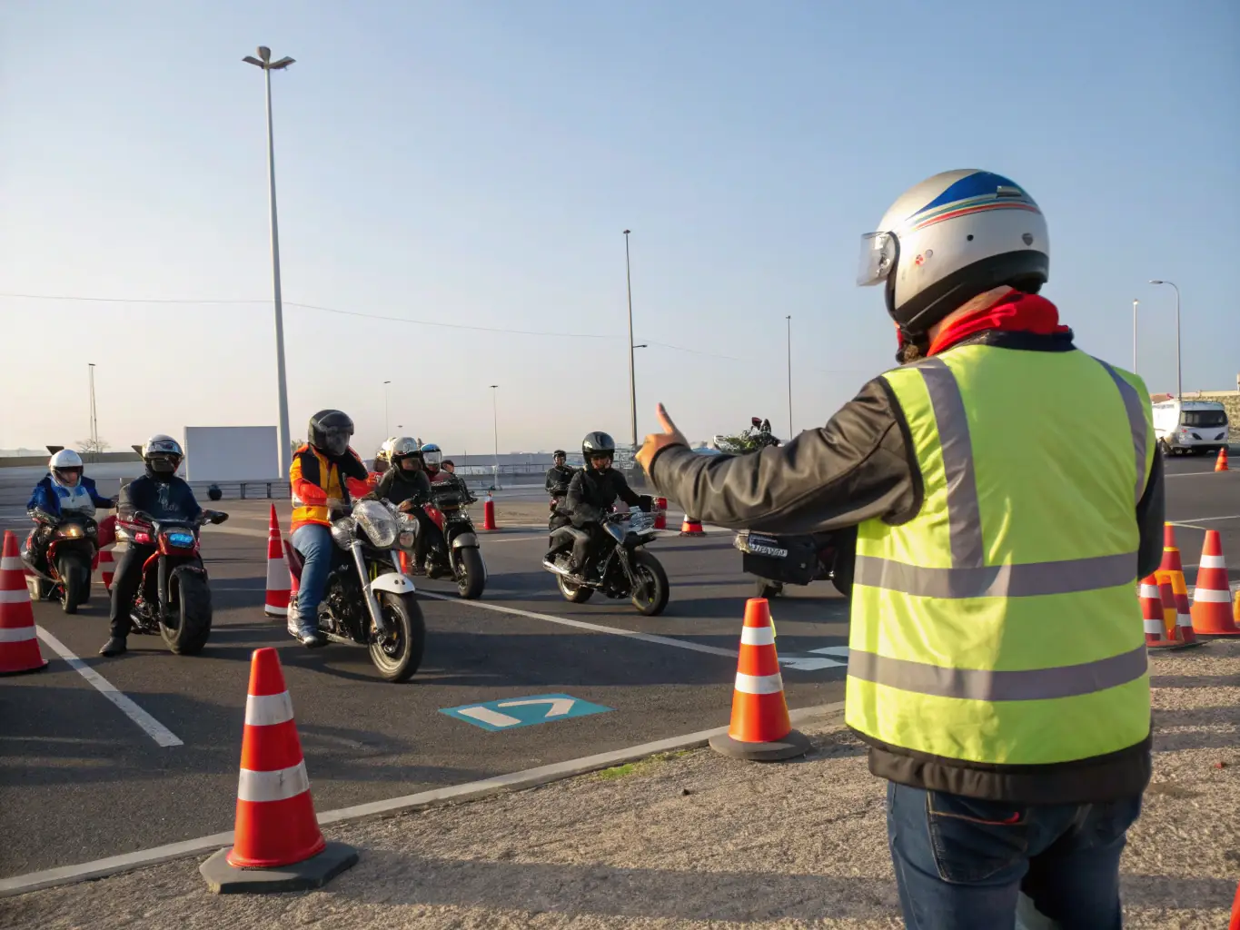 An instructor demonstrating safe riding techniques to a group of motorcyclists wearing protective gear, emphasizing the importance of safety workshops.